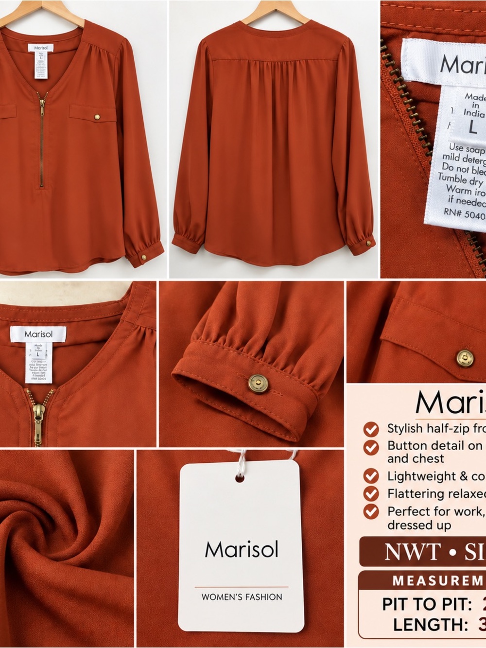 Marisol Women's Rust Zip-Front Long-Sleeve Blouse with Button Chest Pockets